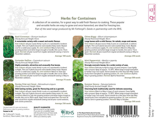 RHS Herbs for Containers – Grow Your Own Herb Seed Kit | Mr Fothergill’s | Herbs | 29855 5011775290430 | AllotMate Essentials