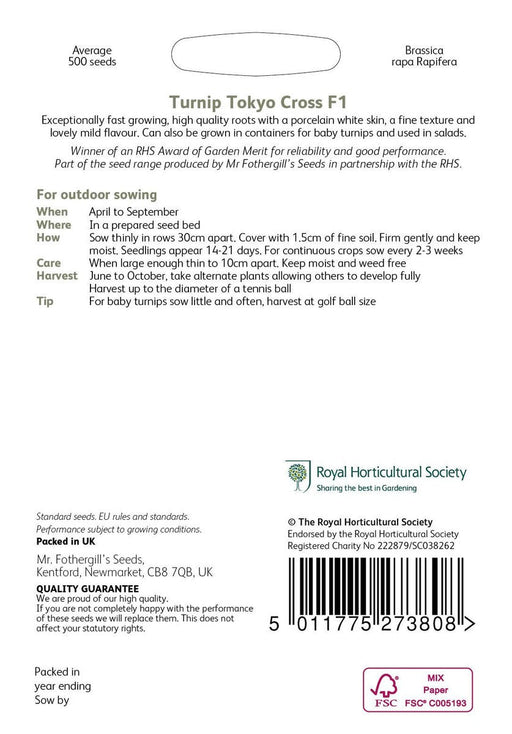 Mr Fothergill’s RHS Turnip Tokyo Cross F1 Seeds 500 Seeds, Award Winning Fast Growing White Turnip | Vegetable Seeds | 5011775273808 5011775273808 | AllotMate Essentials