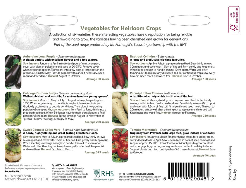 RHS Heirloom Vegetables – Heritage Seed Collection | Mr Fothergill’s | Vegetable Seeds | 29909 5011775290461 | AllotMate Essentials