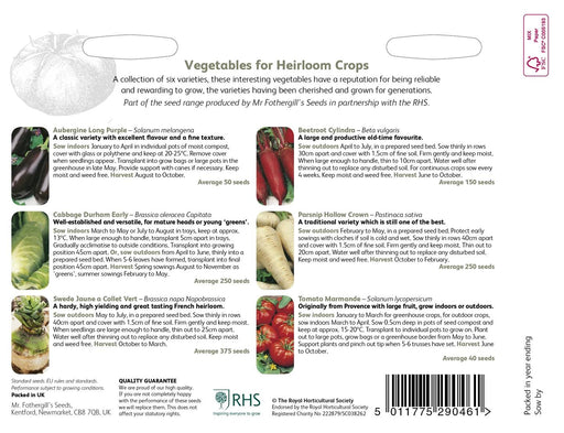 RHS Heirloom Vegetables – Heritage Seed Collection | Mr Fothergill’s | Vegetable Seeds | 29909 5011775290461 | AllotMate Essentials