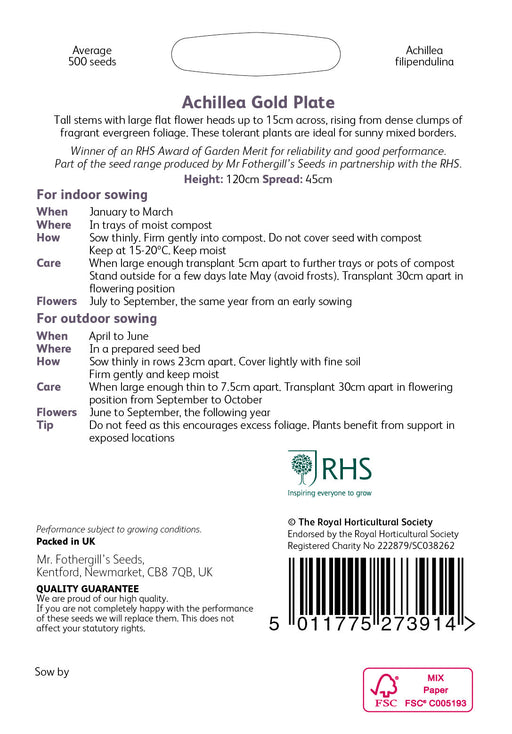 RHS Achillea Gold Plate Seeds 500 Seeds, Award Winning Hardy Perennial Flower Seeds for Sunny Borders | Flower Seeds | 5011775273914 5011775273914 | AllotMate Essentials