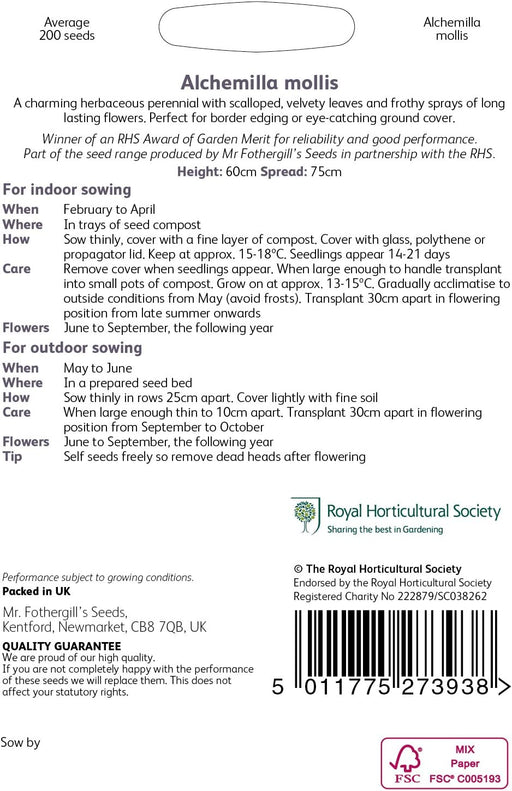 RHS Alchemilla mollis Seeds 200 Seeds, Hardy Perennial Ground Cover with RHS Award of Garden Merit | Flower Seeds | 5011775273938 5011775273938 | AllotMate Essentials