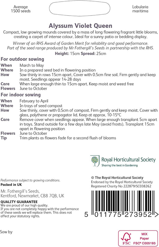 RHS Alyssum Violet Queen Seeds 1500 Seeds, Fragrant Hardy Annual Purple Flower Seeds for Borders and Containers | Flower Seeds | 5011775273952 5011775273952 | AllotMate Essentials