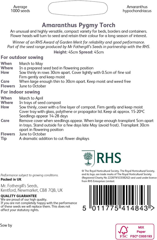 RHS Amaranthus Pygmy Torch Seeds 1000 Seeds, Dwarf Red Plume Half Hardy Annual for Borders and Containers | Flower Seeds | 5011775414843 5011775414843 | AllotMate Essentials