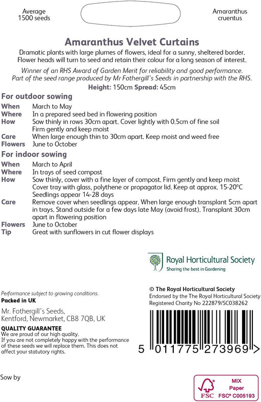 RHS Amaranthus Velvet Curtains Seeds 1500 Seeds, Tall Deep Red Half Hardy Annual for Borders and Cut Flowers | Flower Seeds | 5011775273969 5011775273969 | AllotMate Essentials