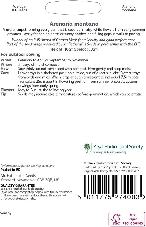 RHS Arenaria montana Seeds 100 Seeds, Hardy Perennial White Carpet Flower for Borders, Rockeries and Edging | Flower Seeds | 5011775274003 5011775274003 | AllotMate Essentials