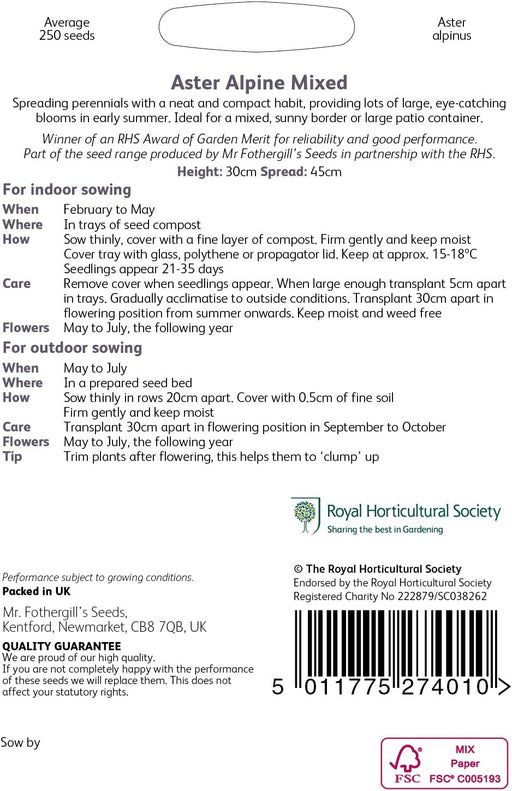 RHS Aster Alpine Mixed Seeds 250 Seeds, Hardy Perennial Pollinator Friendly Early Summer Flowers | Flower Seeds | 5011775274010 5011775274010 | AllotMate Essentials