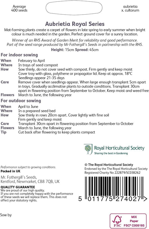 RHS AUBRIETA Royal SeriesRHS Aubrietia Royal Series Seeds 400 Seeds, Hardy Perennial Ground Cover, Pollinator Friendly Spring Flowers | Flower Seeds | 5011775274027 5011775274027 | AllotMate Essentials