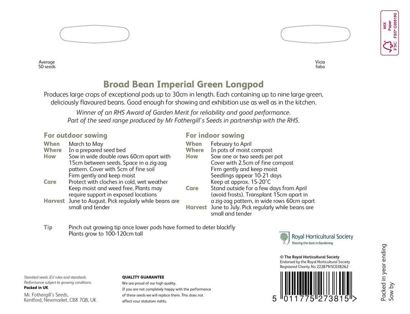 RHS Broad Bean Imperial Green Longpod Seeds | Vegetable Seeds | 18380 5011775273815 | AllotMate Essentials