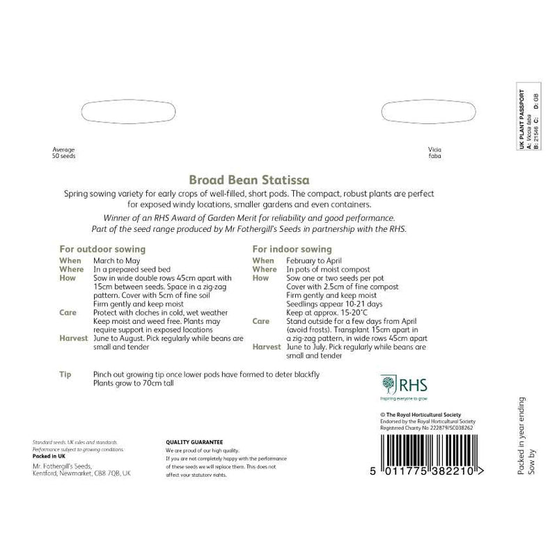 RHS Broad Bean Statissa 50 Seeds | Vegetable Seeds | 38221 5011775382210 | AllotMate Essentials