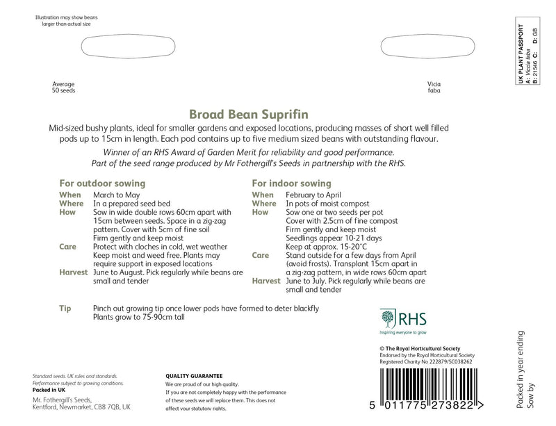 RHS Broad Bean Suprifin 50 Seeds | Vegetable Seeds | 22729 5011775273822 | AllotMate Essentials