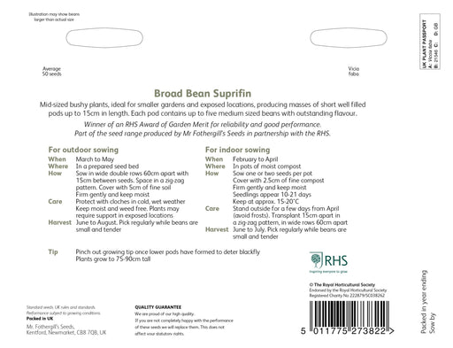 RHS Broad Bean Suprifin 50 Seeds | Vegetable Seeds | 22729 5011775273822 | AllotMate Essentials