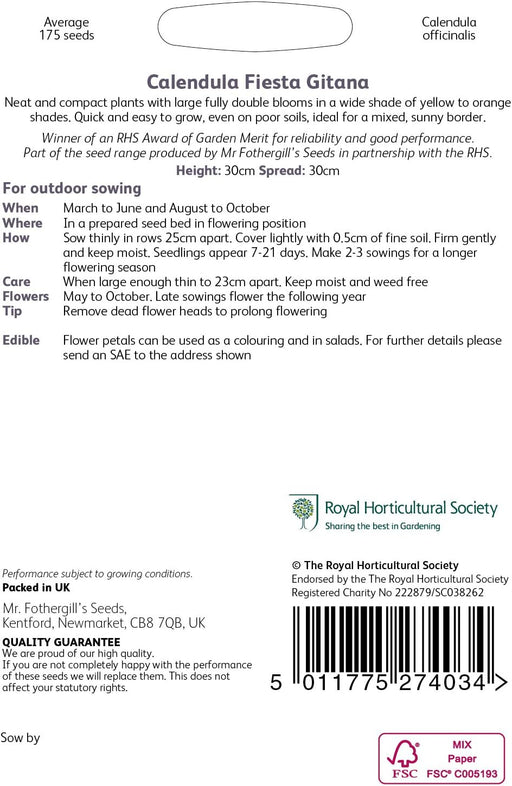 RHS Calendula Fiesta Gitana Seeds 175 Seeds, Hardy Annual Edible Flower, Yellow and Orange Summer Blooms | Flower Seeds | 5011775274034 5011775274034 | AllotMate Essentials