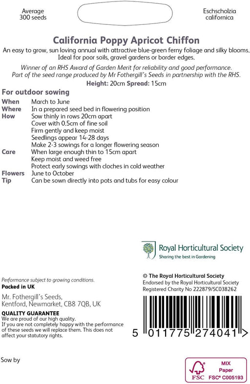 RHS California Poppy Apricot Chiffon Seeds 300 Seeds, Hardy Annual Apricot Orange Blooms for Borders and Pots | Flower Seeds | 5011775274041 5011775274041 | AllotMate Essentials