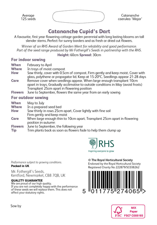 RHS Catananche Cupid’s Dart Seeds 125 Seeds, Hardy Perennial Blue Cottage Garden Flower | Flower Seeds | 5011775274065 5011775274065 | AllotMate Essentials