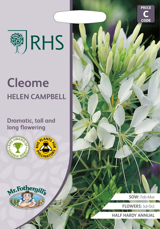 RHS Cleome Helen Campbell Seeds 250 Seeds, Half Hardy Annual White Spider Flower | Flower Seeds | 5011775274072 5011775274072 | AllotMate Essentials