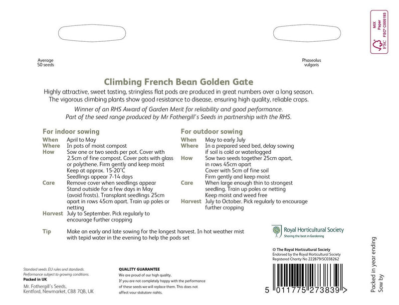 RHS Climbing French Bean Golden Gate Seeds | Vegetable Seeds | 24237 5.01178E+12 | AllotMate Essentials