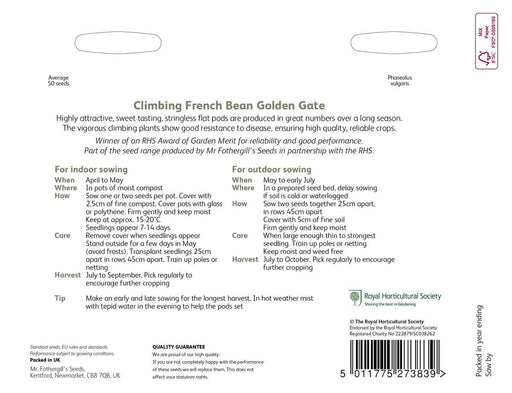RHS Climbing French Bean Golden Gate Seeds | Vegetable Seeds | 24237 5.01178E+12 | AllotMate Essentials