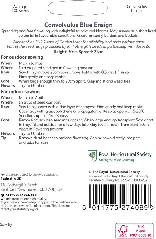 RHS Convolvulus Blue Ensign Seeds 100 Seeds, Hardy Annual Tri Colour Flower for Baskets and Containers | Flower Seeds | 5011775274089 5011775274089 | AllotMate Essentials