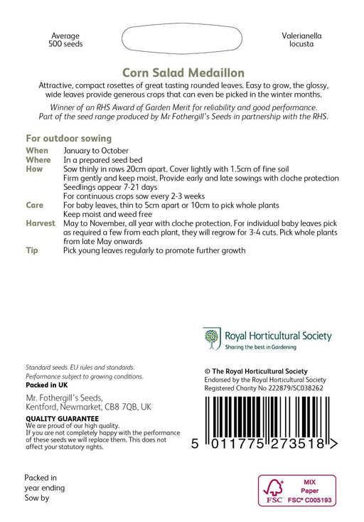 RHS Corn Salad Medaillon Seeds,500 Seeds, Award Winning Leaf Vegetable Seeds for Winter Harvests | Vegetable seeds | 5011775273518 5011775273518 | AllotMate Essentials