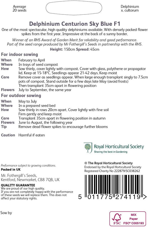 RHS Delphinium Centurion Sky Blue F1 Seeds 20 Seeds, Hardy Perennial Blue Flower Spikes | Flower Seeds | 5011775274119 5011775274119 | AllotMate Essentials