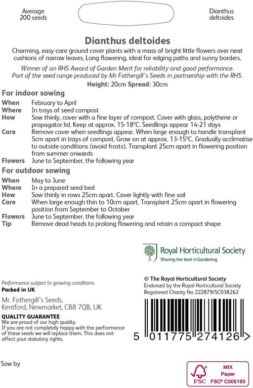 RHS Dianthus deltoides Seeds 200 Seeds, Hardy Perennial Maiden Pinks Ground Cover | Flower Seeds | 5011775274126 5011775274126 | AllotMate Essentials