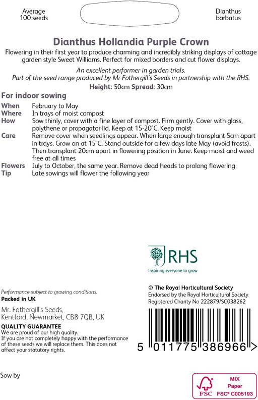 RHS Dianthus Hollandia Purple Crown Seeds 100 Seeds, Sweet William Hardy Perennial Flower | Flower Seeds | 5011775386966 5011775386966 | AllotMate Essentials