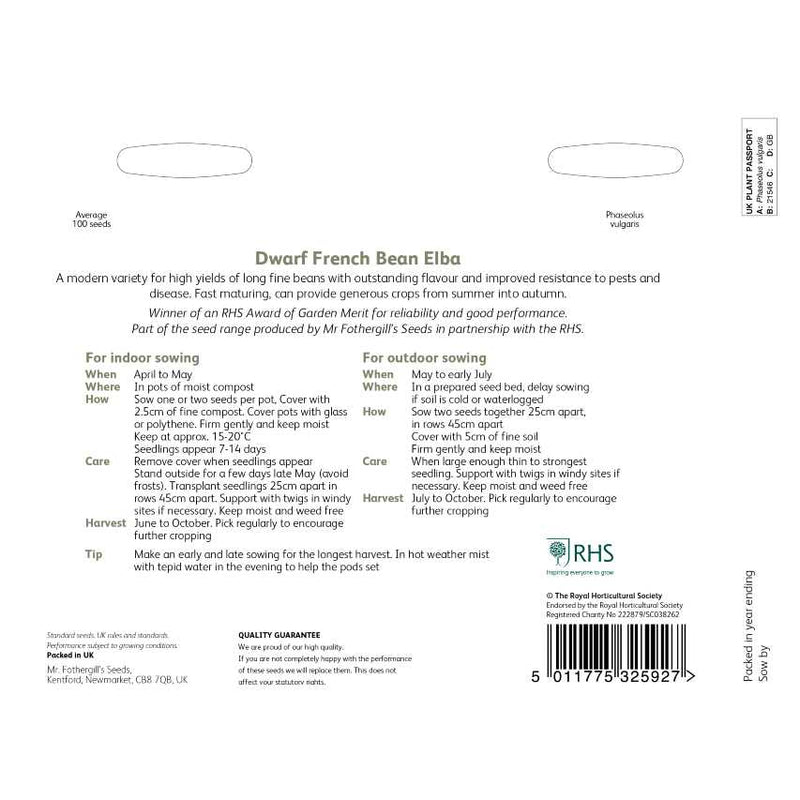 RHS Dwarf French Bean Elba Seeds | Vegetable Seeds | 32592 5011775325927 | AllotMate Essentials