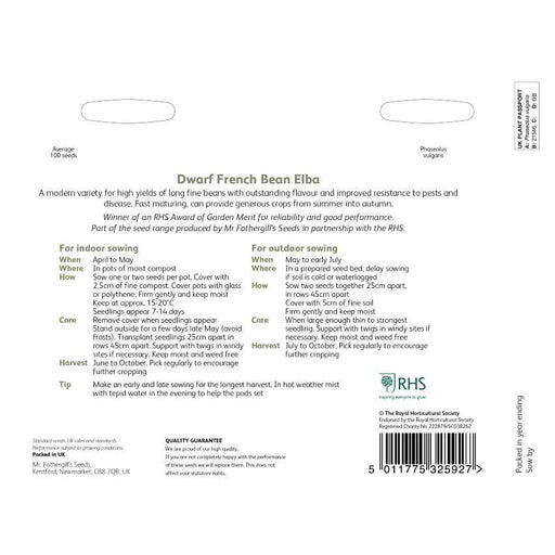 RHS Dwarf French Bean Elba Seeds | Vegetable Seeds | 32592 5011775325927 | AllotMate Essentials