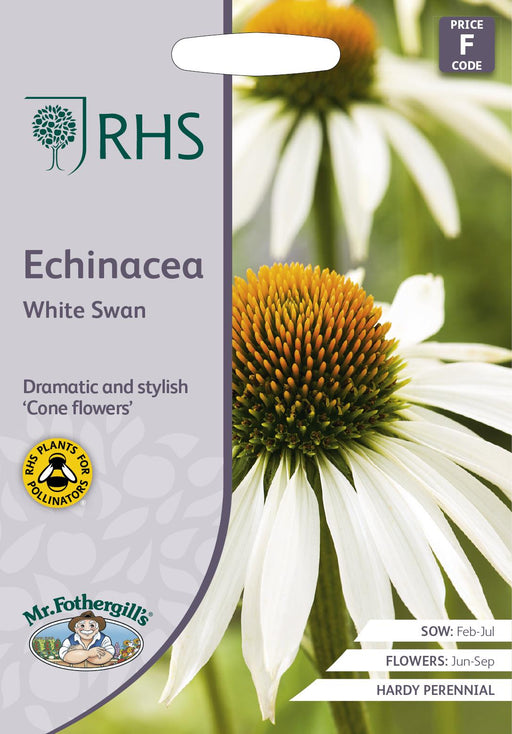 RHS Echinacea White Swan Seeds 50 Seeds, Hardy Perennial White Coneflower | Flower Seeds | 5011775386997 5011775386997 | AllotMate Essentials