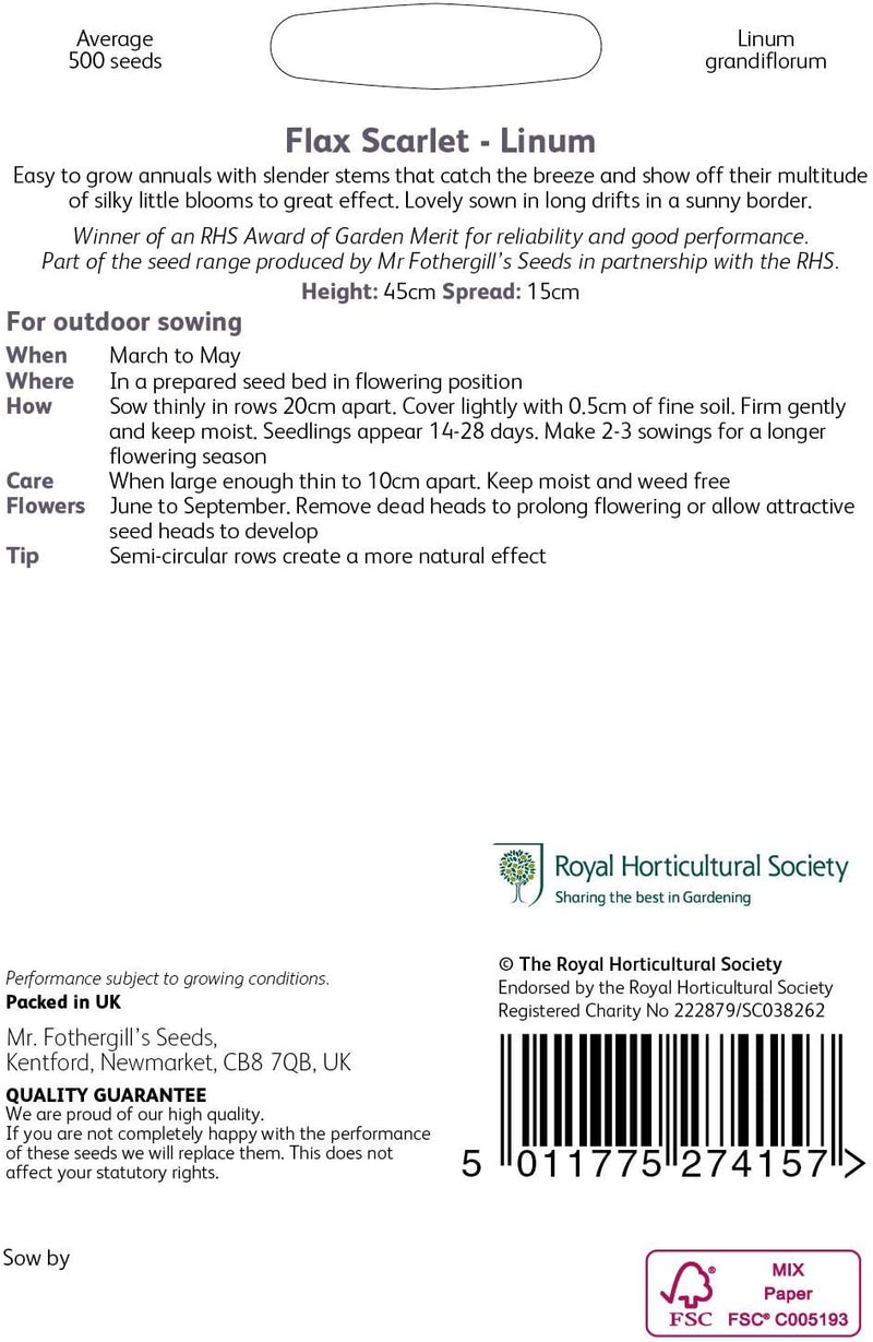 RHS Flax Scarlet Linum Seeds 500 Seeds, Hardy Annual Red Flower | Flower Seeds | 5011775274157 5011775274157 | AllotMate Essentials