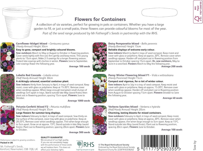 RHS Flowers for Containers Seed Collection 6 Colourful Container Varieties | Flower Seeds | 5011775290355 5011775290355 | AllotMate Essentials