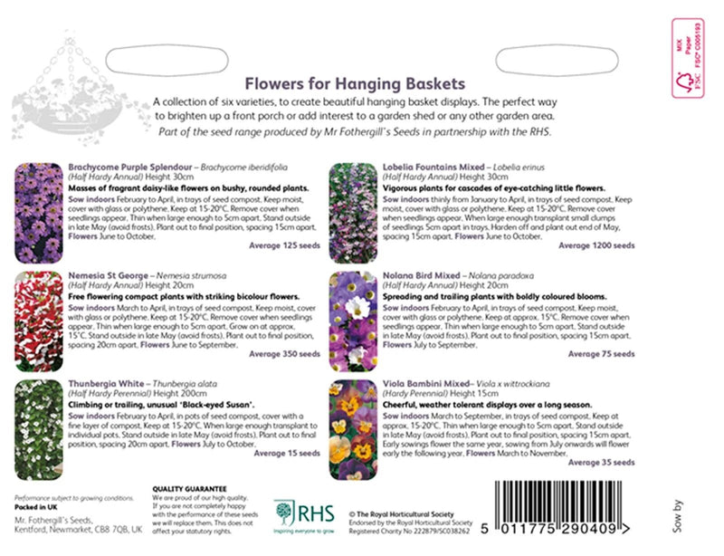 RHS Flowers for Hanging Baskets Seed Collection 6 Trailing Varieties | Flower Seeds | 5011775290409 5011775290409 | AllotMate Essentials