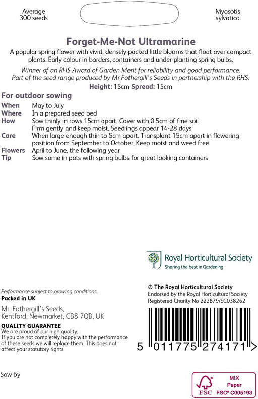 RHS Forget Me Not Ultramarine Seeds 300 Seeds, Hardy Biennial Blue Cottage Flower | Flower Seeds | 5011775274171 5011775274171 | AllotMate Essentials