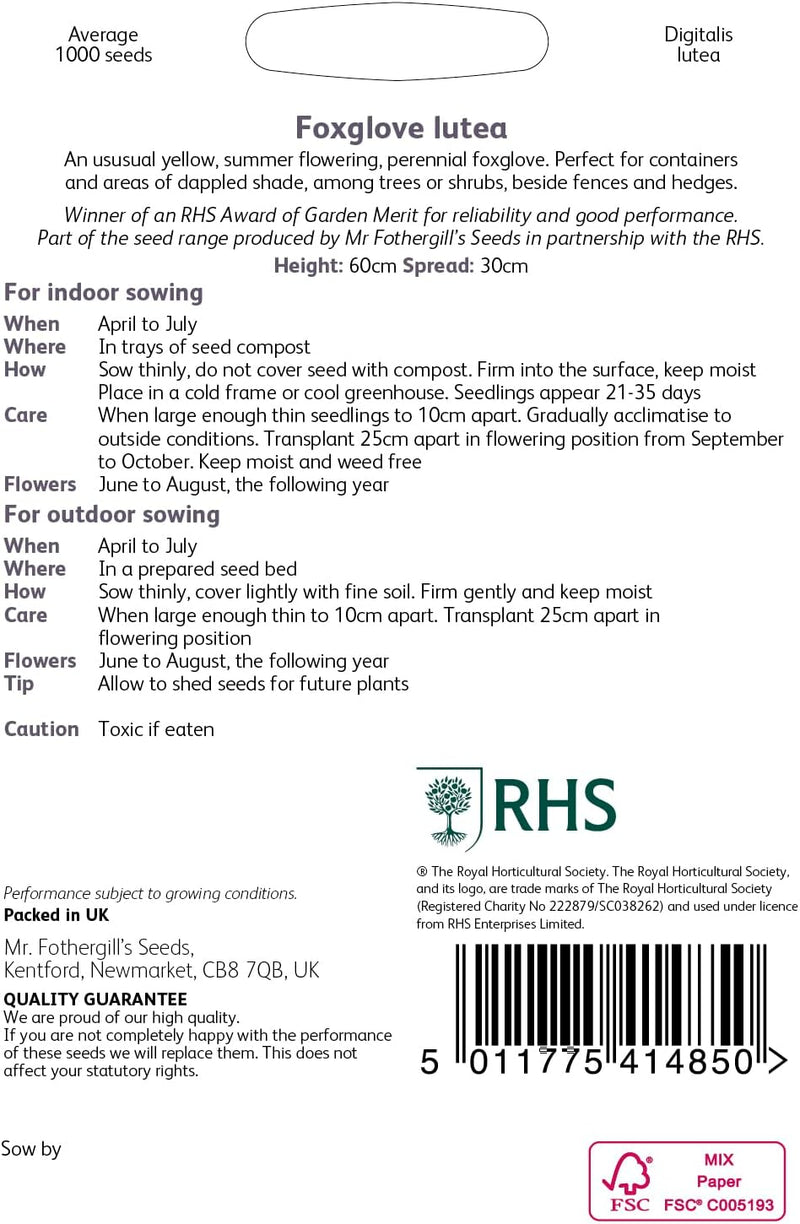 RHS Foxglove Lutea Seeds 1000 Seeds, Hardy Perennial Yellow Digitalis | Flower Seeds | 5011775414850 5011775414850 | AllotMate Essentials