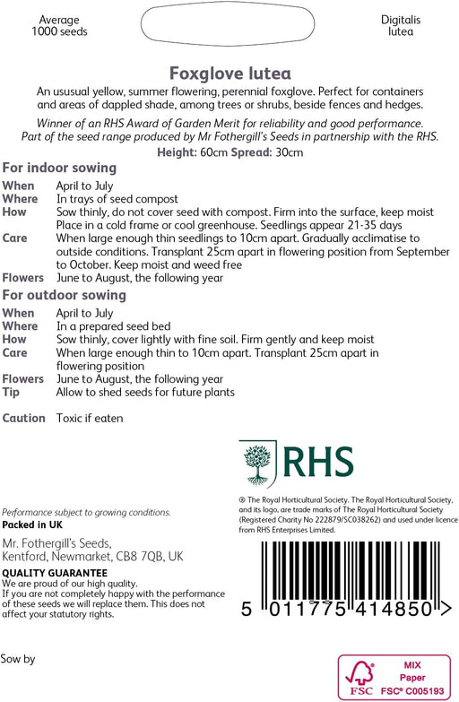 RHS Foxglove Lutea Seeds 1000 Seeds, Hardy Perennial Yellow Digitalis | Flower Seeds | 5011775414850 5011775414850 | AllotMate Essentials
