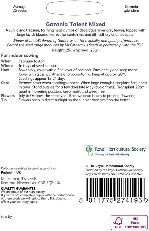 RHS Gazania Talent Mixed Seeds 25 Seeds, Half Hardy Perennial Sun Loving Flowers | Flower Seeds | 5011775274195 5011775274195 | AllotMate Essentials