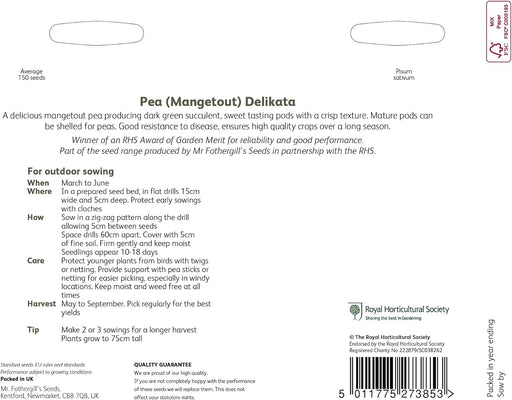 RHS Pea Mangetout Delikata Seeds, 150 Seeds | Vegetable Seeds | 24957 5011775273853 | AllotMate Essentials