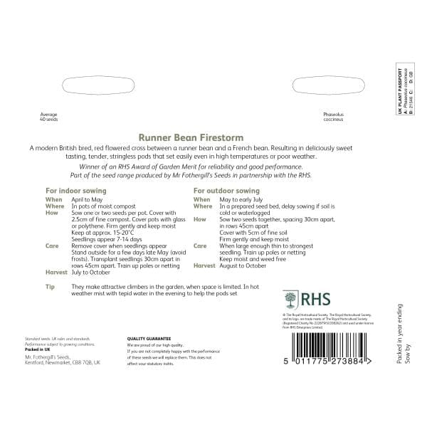 RHS Runner Bean Firestorm Seeds by Mr Fothergills | Vegetable Seeds | 18406 5011775273884 | AllotMate Essentials