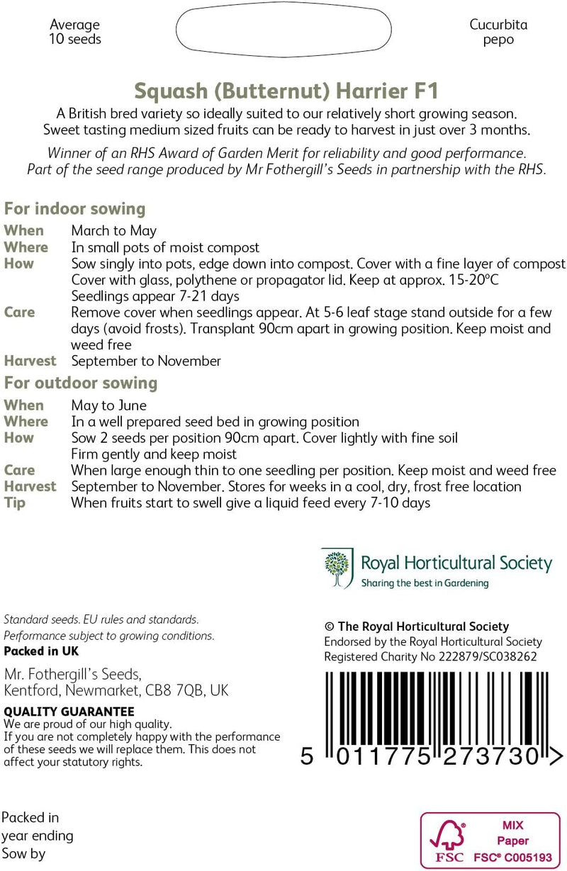 RHS Squash Butternut Harrier F1 Vegetable, 10 Seeds | Vegetable Seeds | 20606 5011775273730 | AllotMate Essentials