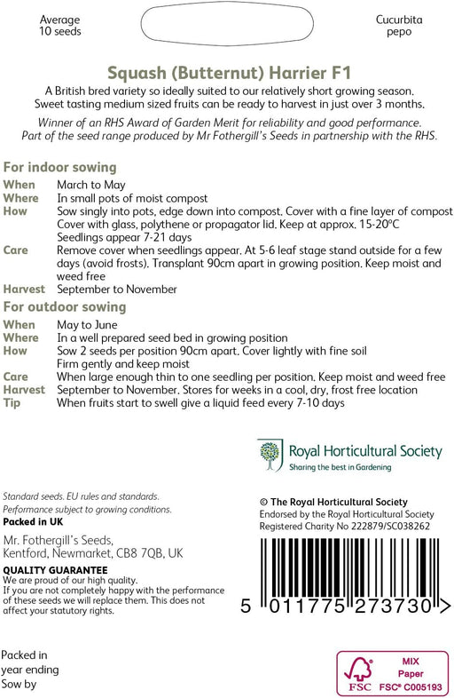 RHS Squash Butternut Harrier F1 Vegetable, 10 Seeds | Vegetable Seeds | 20606 5011775273730 | AllotMate Essentials