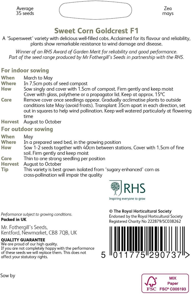 RHS Sweet Corn Goldcrest F1, 35 Seeds | Vegetable Seeds | 30028 5.01178E+12 | AllotMate Essentials