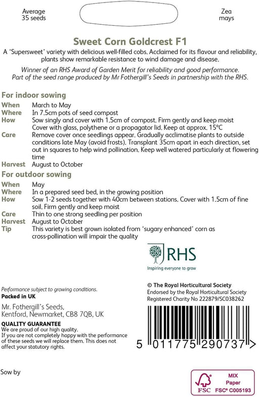 RHS Sweet Corn Goldcrest F1, 35 Seeds | Vegetable Seeds | 30028 5.01178E+12 | AllotMate Essentials
