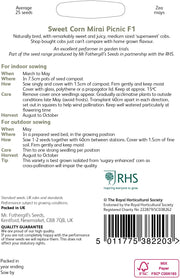 RHS Sweet Corn Mirai Picnic F1, 25 Seeds | Vegetable Seeds | 38220 5011775382203 | AllotMate Essentials