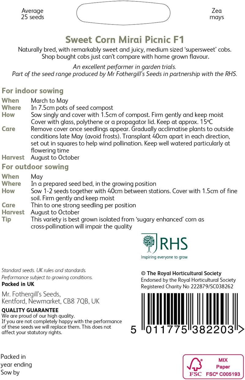 RHS Sweet Corn Mirai Picnic F1, 25 Seeds | Vegetable Seeds | 38220 5011775382203 | AllotMate Essentials