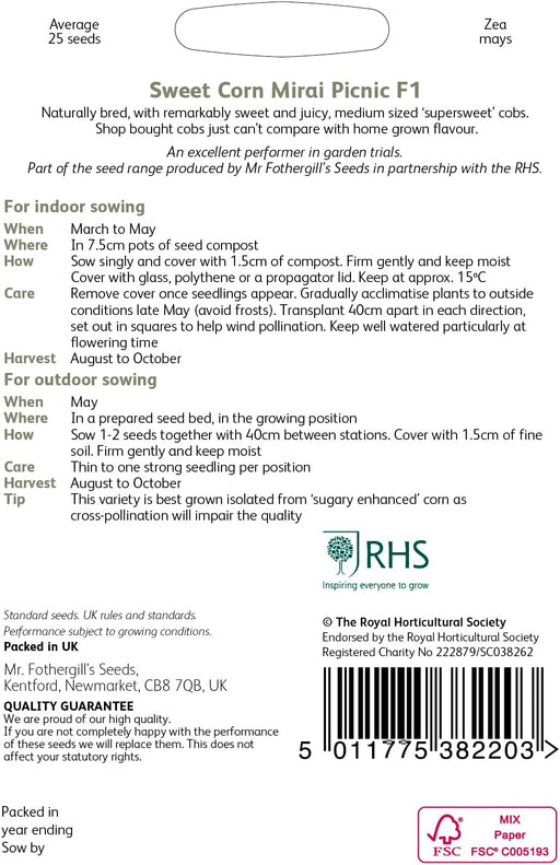 RHS Sweet Corn Mirai Picnic F1, 25 Seeds | Vegetable Seeds | 38220 5011775382203 | AllotMate Essentials