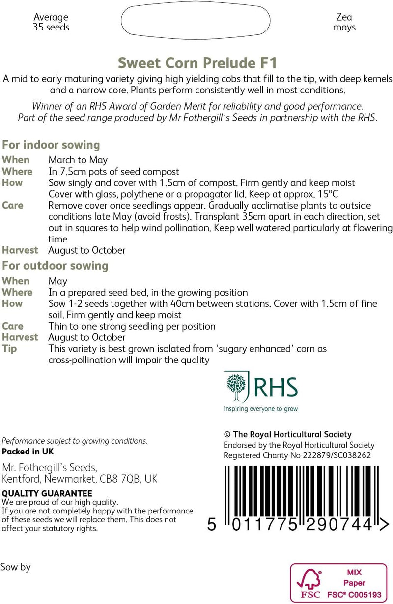 RHS Sweet Corn Prelude F1, 35 Seeds | Vegetable Seeds | 30166 5011775290744 | AllotMate Essentials