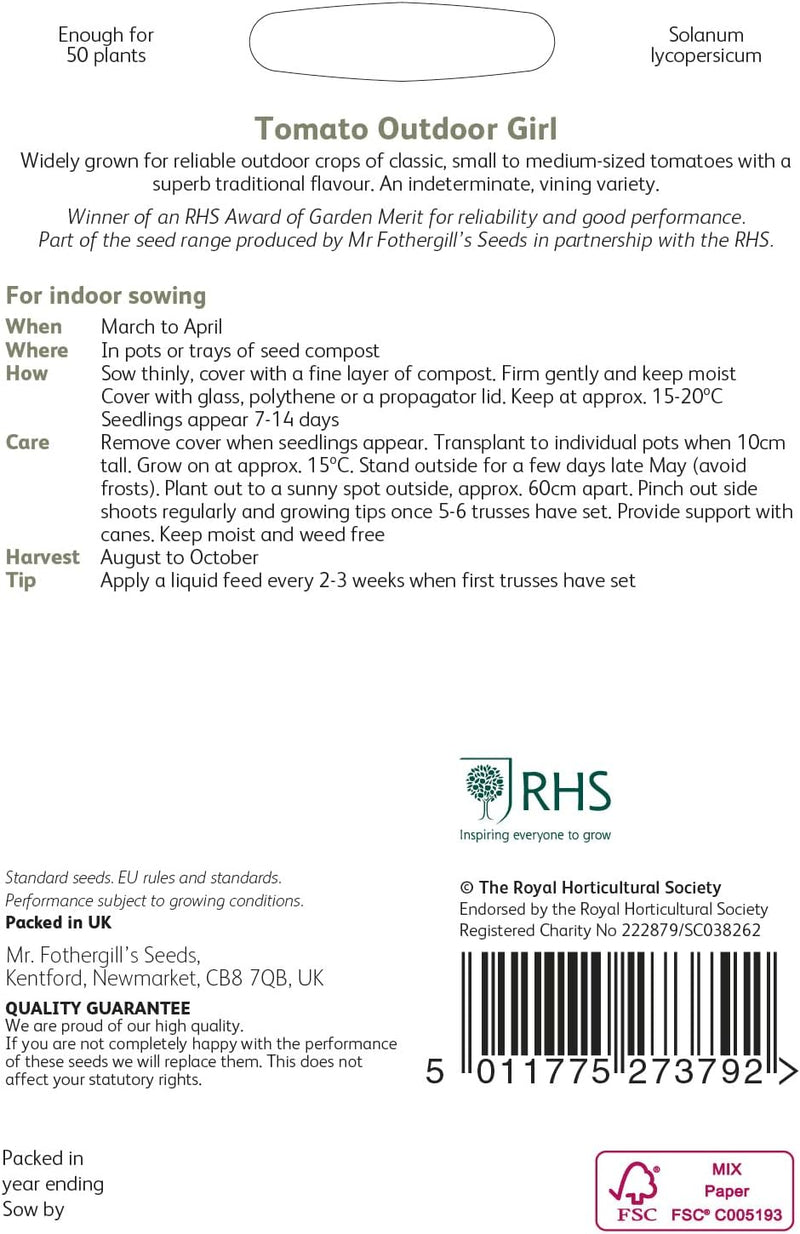 RHS TOMATO Outdoor Girl, 80 Seeds | Vegetable Seeds | 16188 5011775273792 | AllotMate Essentials