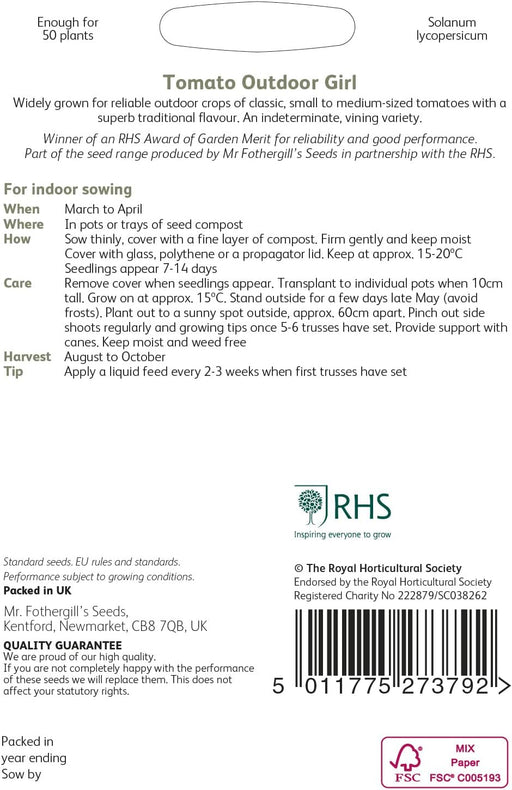 RHS TOMATO Outdoor Girl, 80 Seeds | Vegetable Seeds | 16188 5011775273792 | AllotMate Essentials