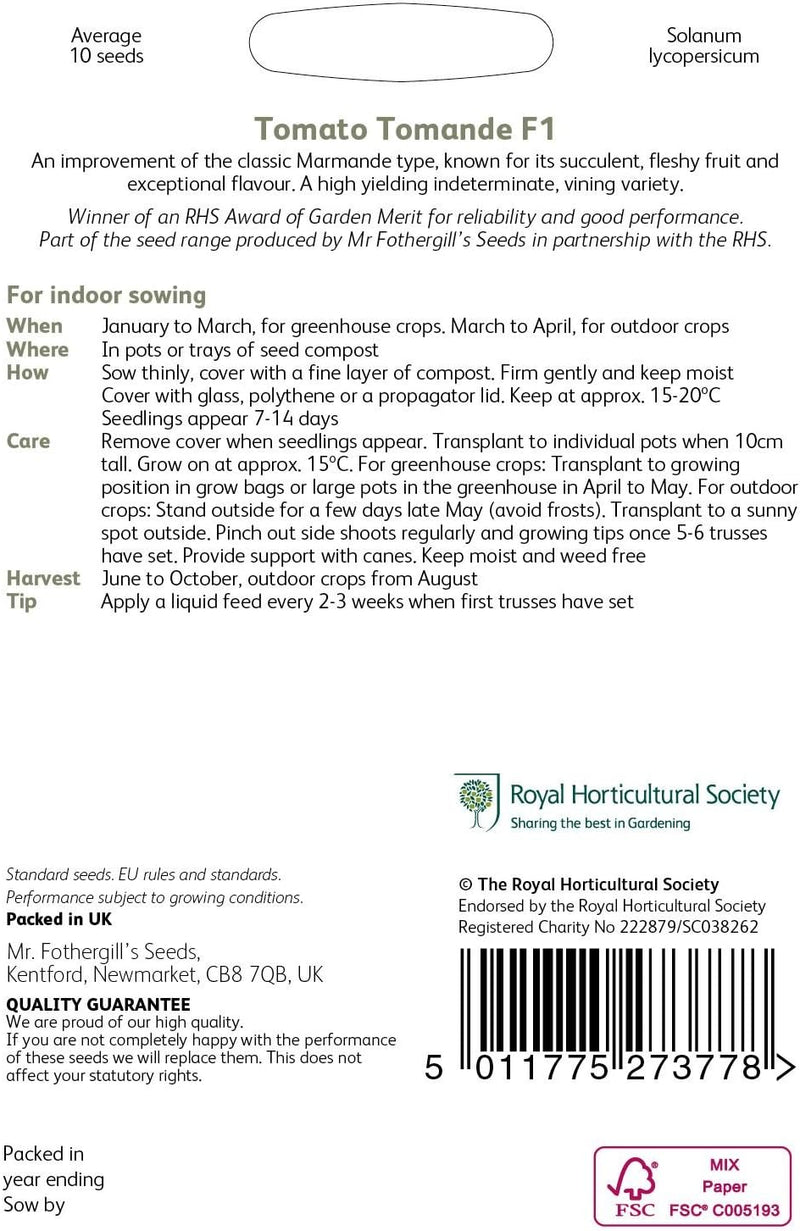 RHS TOMATO Tomande F1, 10 Seeds | Vegetable Seeds | 10181 5011775273778 | AllotMate Essentials